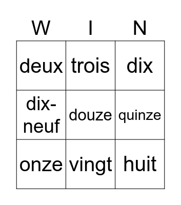 French Bingo (words) Bingo Card