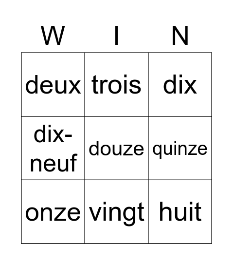 French Bingo (words) Bingo Card
