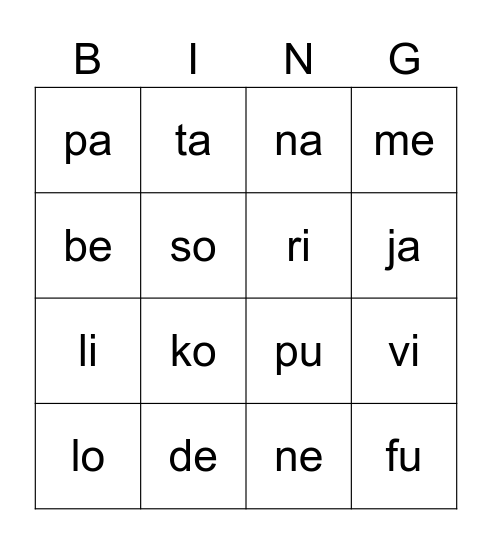Les Syllabes Bingo Card