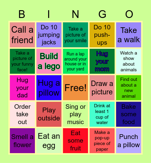 Things to do to stay well Bingo Card