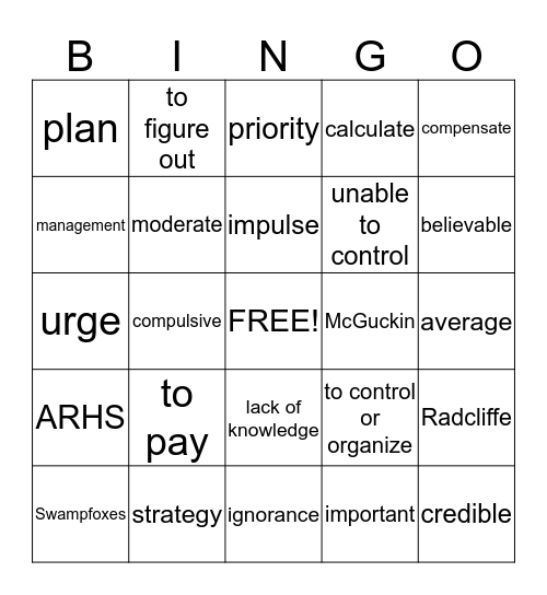 Workshop 5 Vocabulary Bingo Card