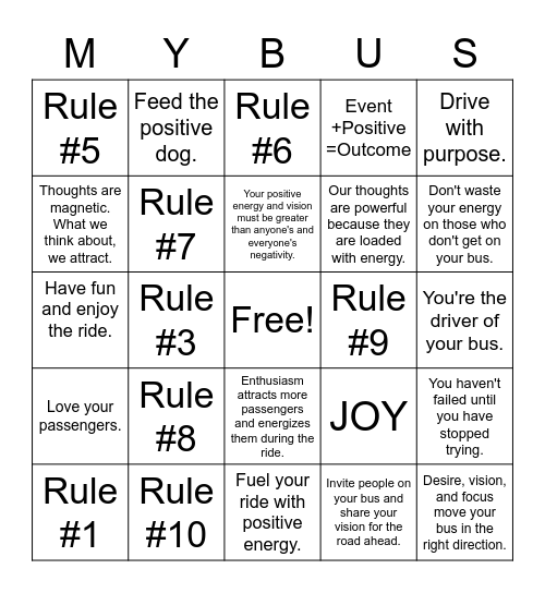 Energy Bus Bingo Card