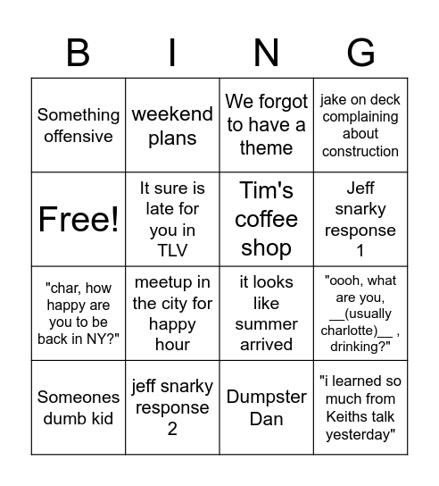 Happy hour Bingo Card