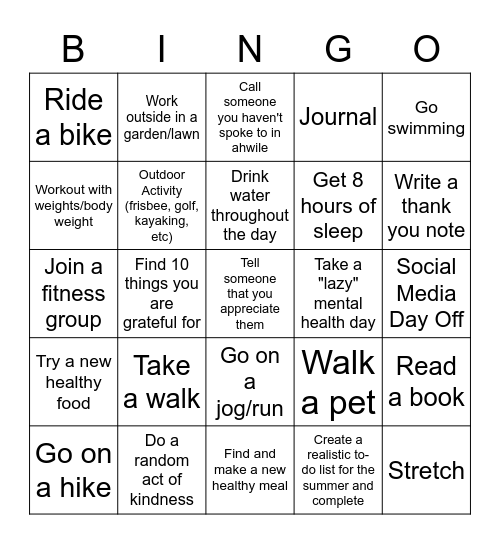 Summer Activities Bingo Card