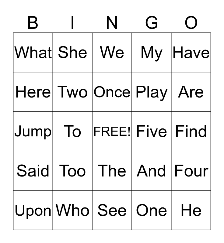 High Frequency Words Bingo Card