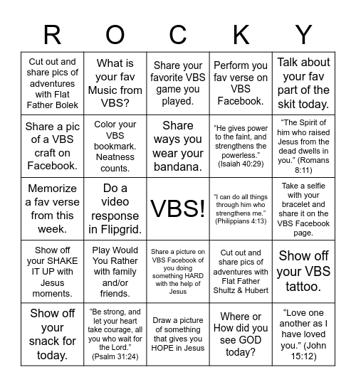 Rocky Railway   VBS 2020 Bingo Card
