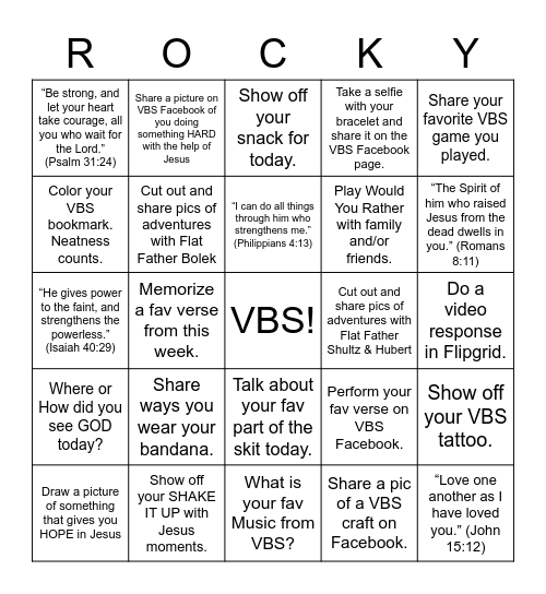 Rocky Railway     VBS 2020 Bingo Card