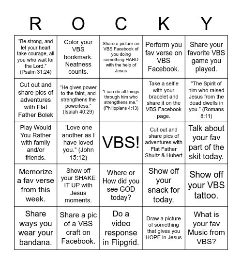 Rocky Railway     VBS 2020 Bingo Card