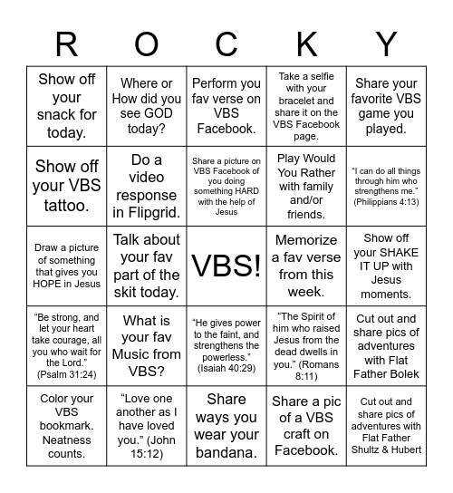 Rocky Railway     VBS 2020 Bingo Card