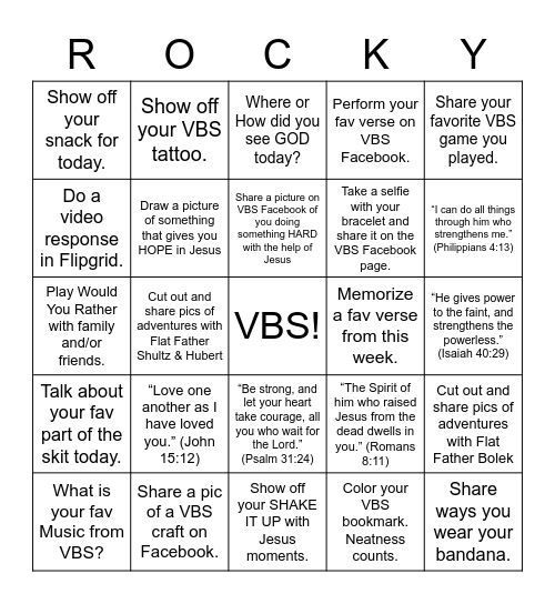 Rocky Railway     VBS 2020 Bingo Card