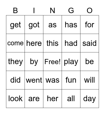 Sight Word Bingo for Chloe and Carter Bingo Card