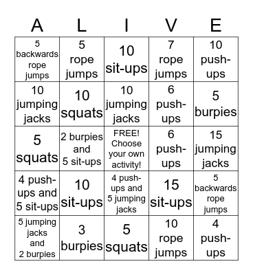 Dice Fitness Stations Bingo Card