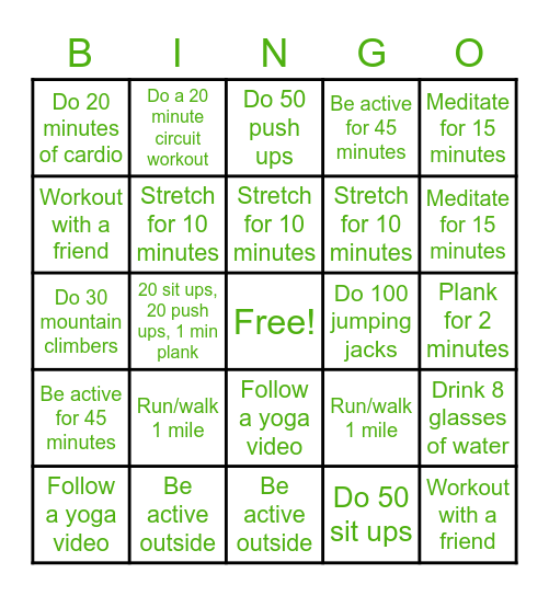 Fitness Bingo Card