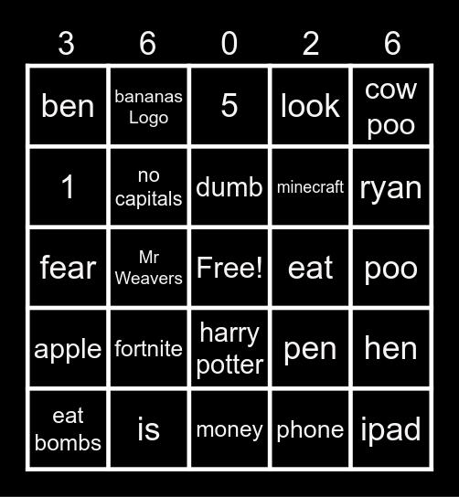 bananas and poo Bingo Card