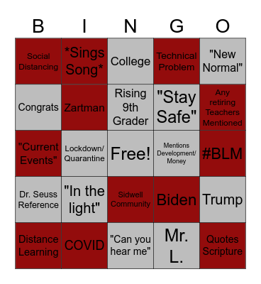 SFS 8th Grade Graduation 2020 Bingo Card