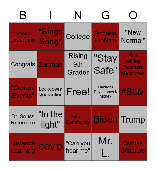 SFS 8th Grade Graduation 2020 Bingo Card