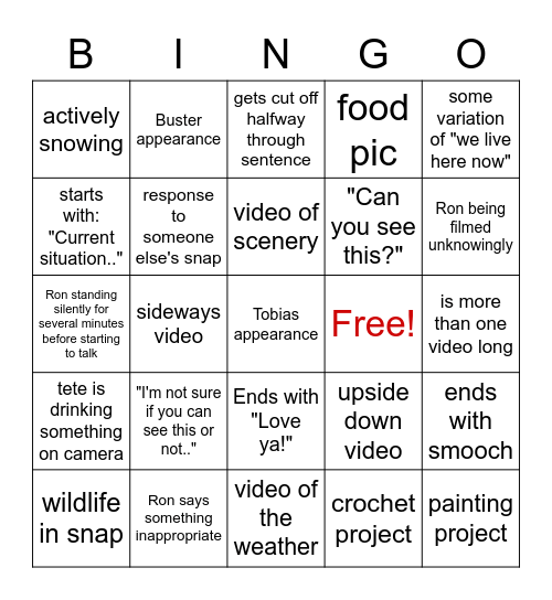 TeTe Snapchat Bingo! Bingo Card