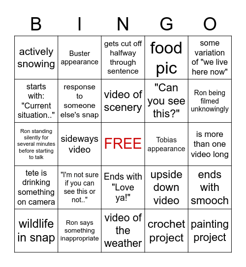 TeTe Snapchat Bingo! Bingo Card