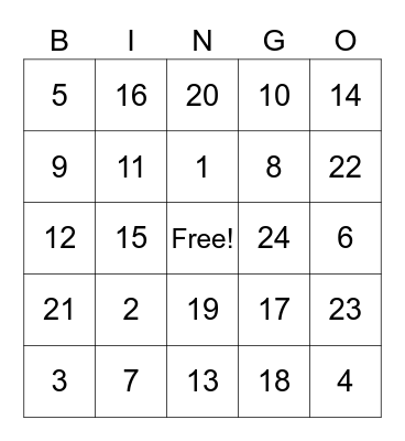 Number Bingo Card
