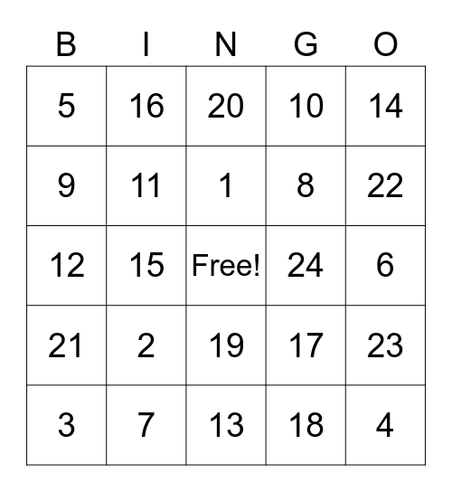 Number Bingo Card