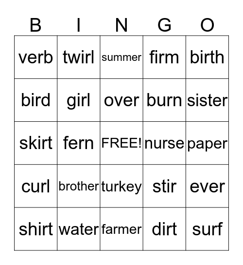 ER- IR- UR  Bingo Card