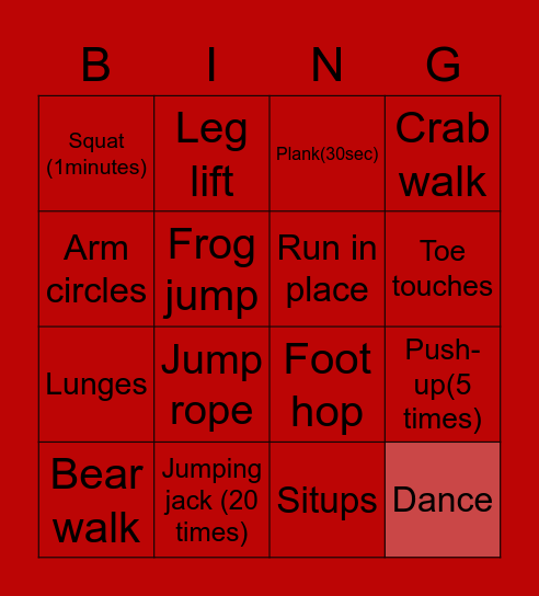 Fitness Bingo Card