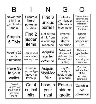 Pokemon White 2 Bingo Card Bingo Card