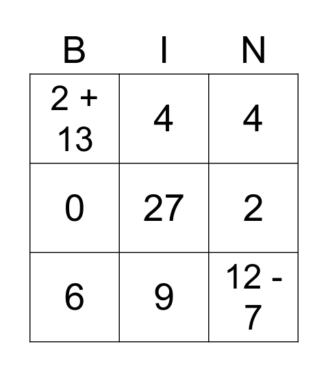 Maths Bingo Card