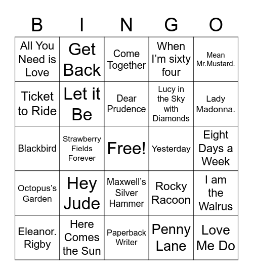 Beatles Bingo Card