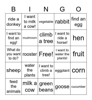 A Day on the Farm Bingo Card