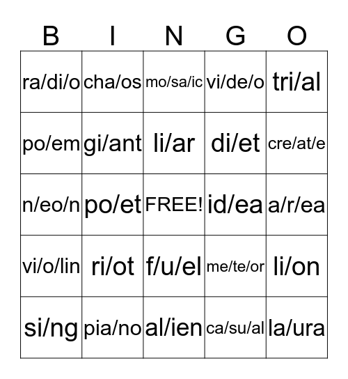 Syllabication V V Pattern Bingo Card