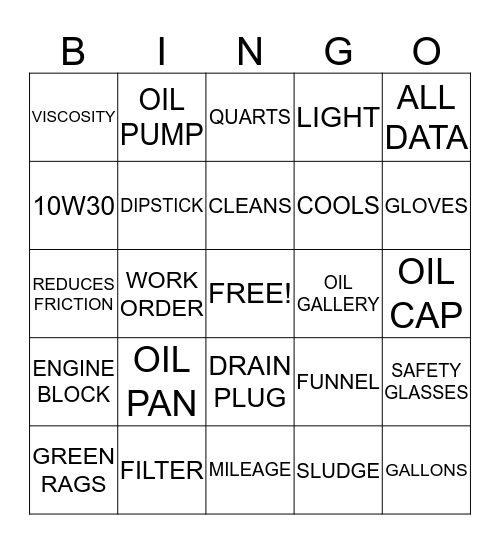 Engine Oil Bingo Card