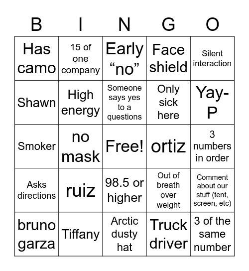 Construction screening Bingo Card