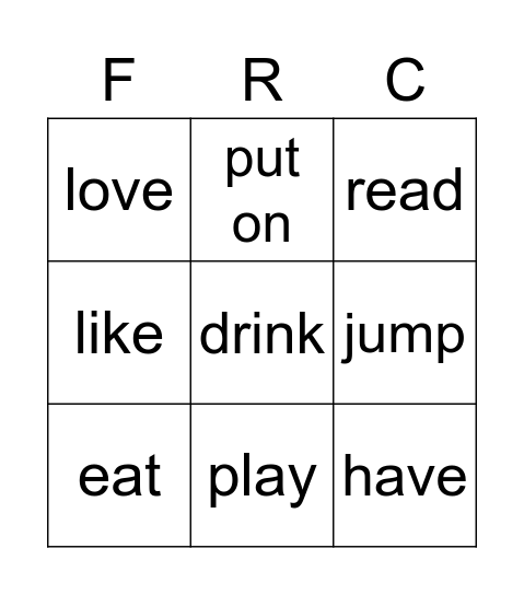 Verbs Bingo Card