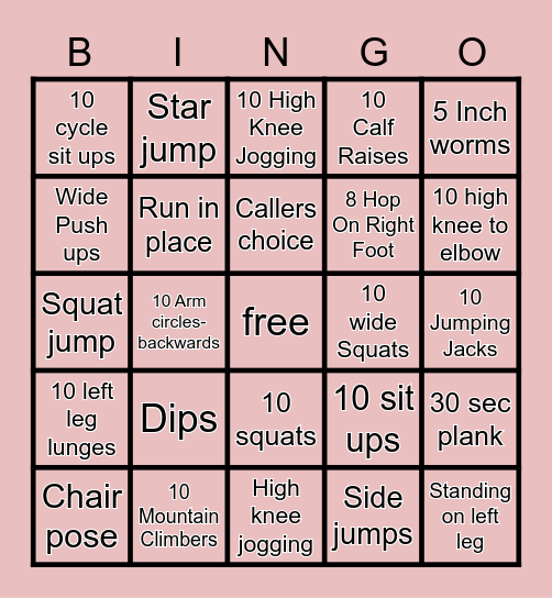 Warm Up Activity Bingo Card