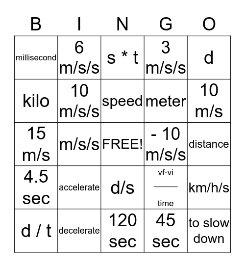 motion Bingo Card