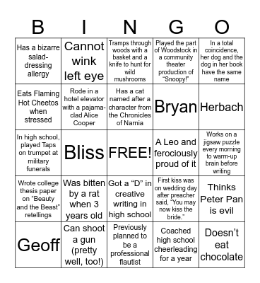 YA Author BINGO! Bingo Card