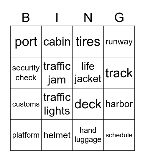 vocabulary transportation Bingo Card