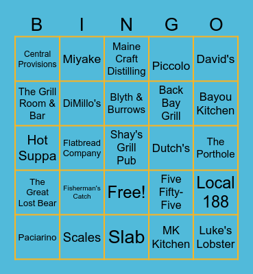 Maine Restaurants Bingo Card