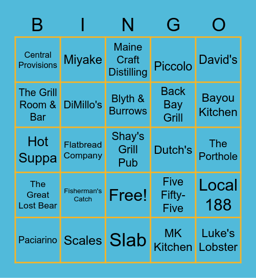 Maine Restaurants Bingo Card