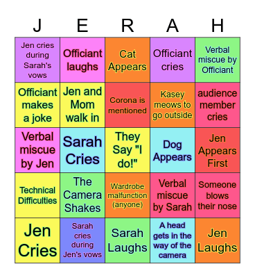 Jen & Sarah Wedding Bingo Card