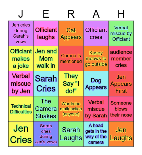 Jen & Sarah Wedding Bingo Card