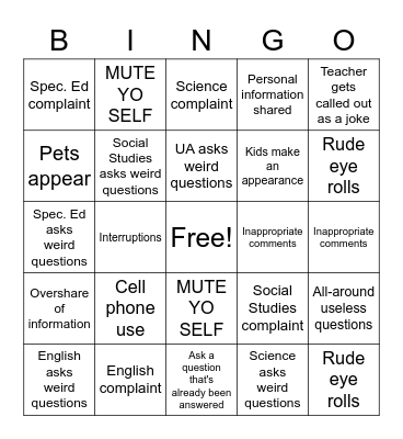 Staff meeting Bingo Card
