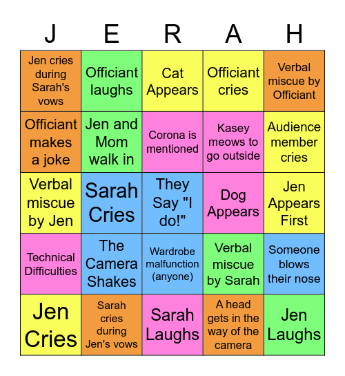 Jen & Sarah Wedding Bingo Card