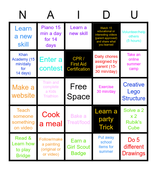 Anjini's 2020 SUMMER CHALLENGE Bingo Card