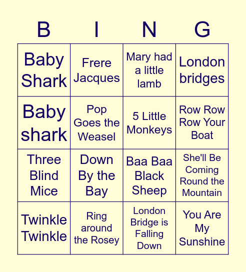 Name that Baby Song! Bingo Card