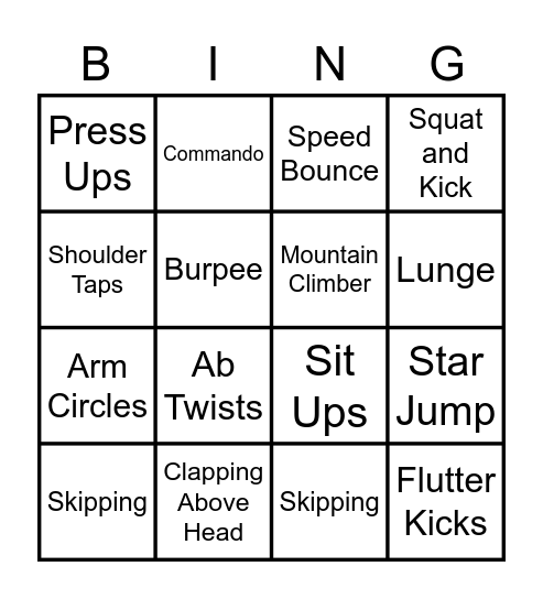 Miss Nicolas PE Warm Up Bingo Card