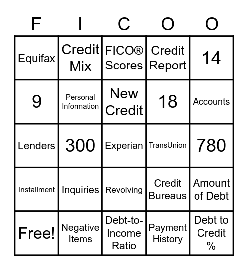 Credit Score BINGO Card