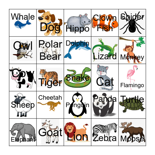 Animal Bingo Card