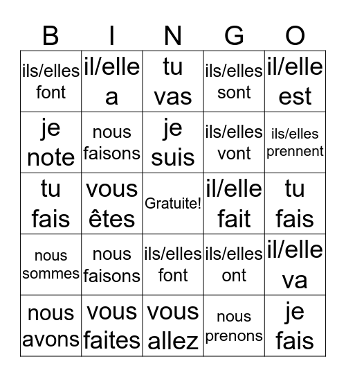 Les Verbes (révision planète 1) Bingo Card